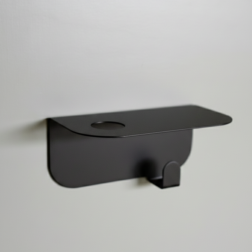 porte flacon avec patère noir fixé avec des adhésifs 3M