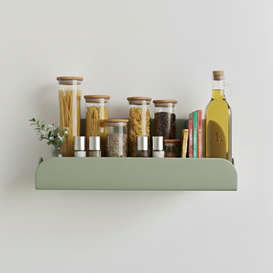 étagère de cuisine pour poser ces condiments et accrocher des maniques avec les crochets 