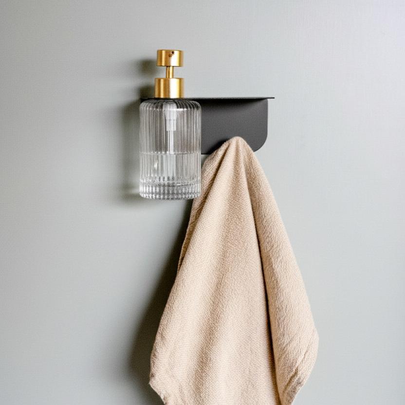 étagère porte flacon avec patère noir pour accrocher une serviette