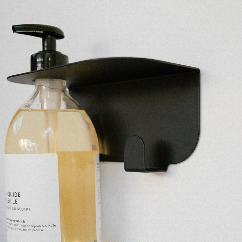 étagère porte flacon avec patère noir pour suspendre un flacon 