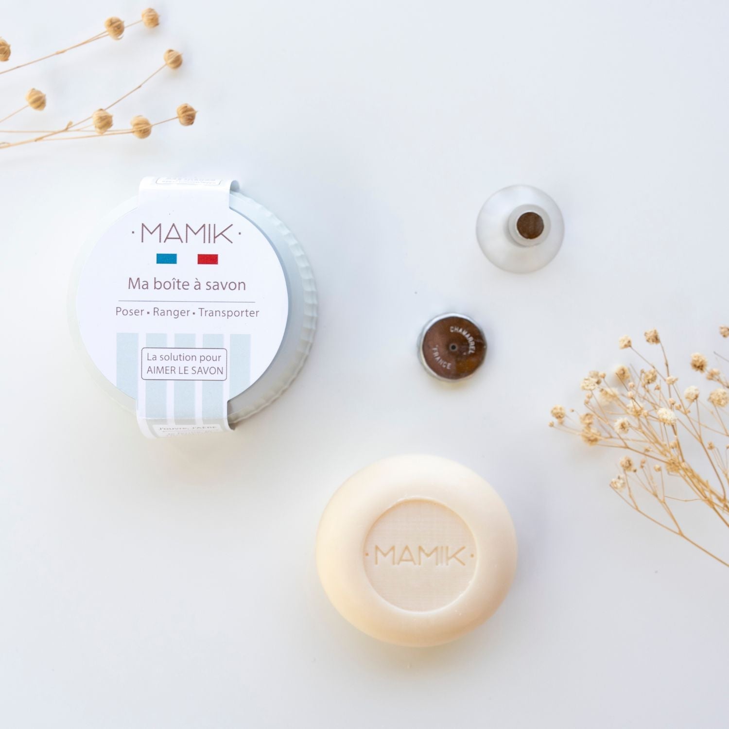 Pack boîte à savon ronde, porte savon aimanté et savon mamik.fr