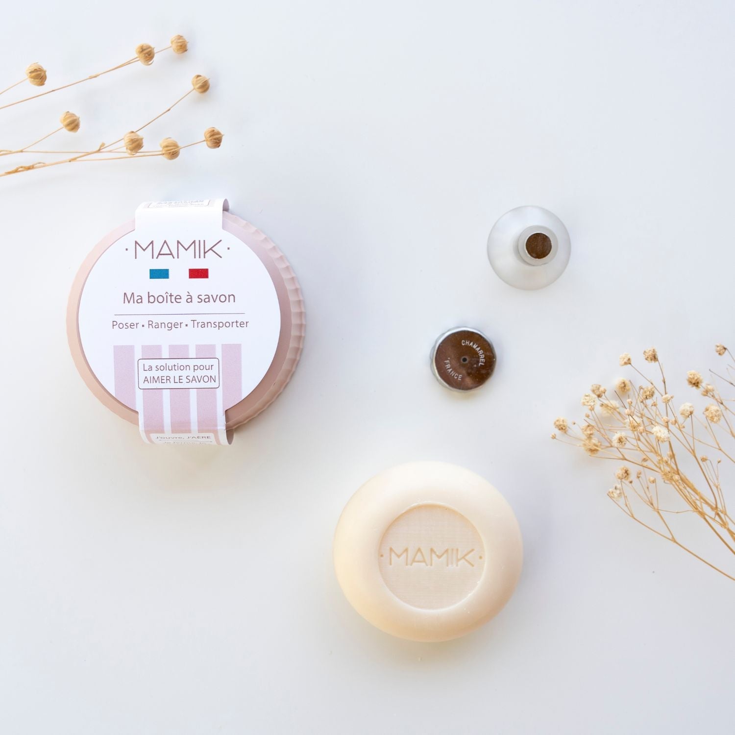 Pack boîte à savon ronde, porte savon aimanté et savon mamik.fr