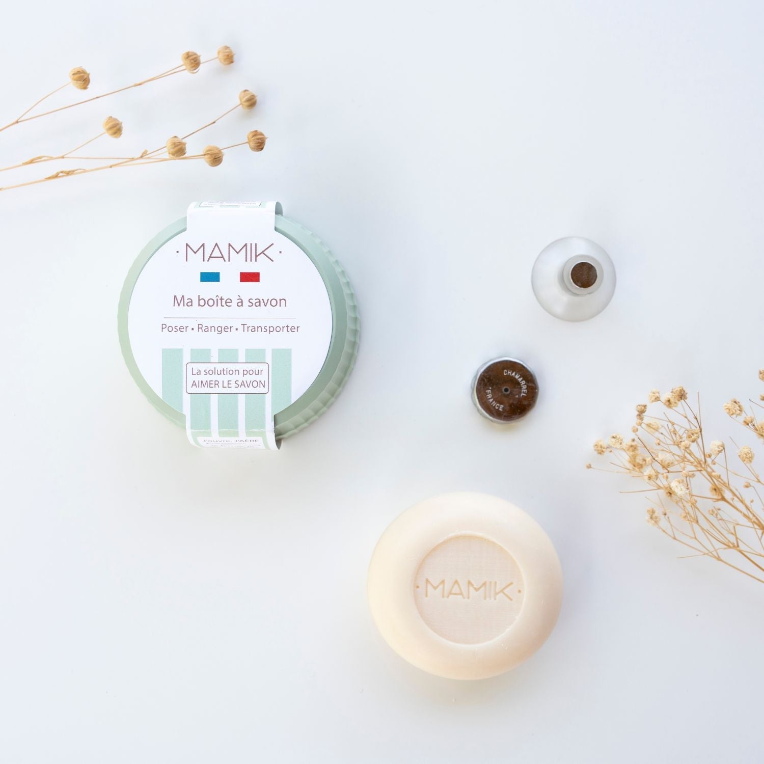 Pack boîte à savon ronde, porte savon aimanté et savon mamik.fr