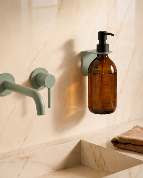 Porte-flacon mural vert de gris fixé au-dessus du lavabo pour lave main