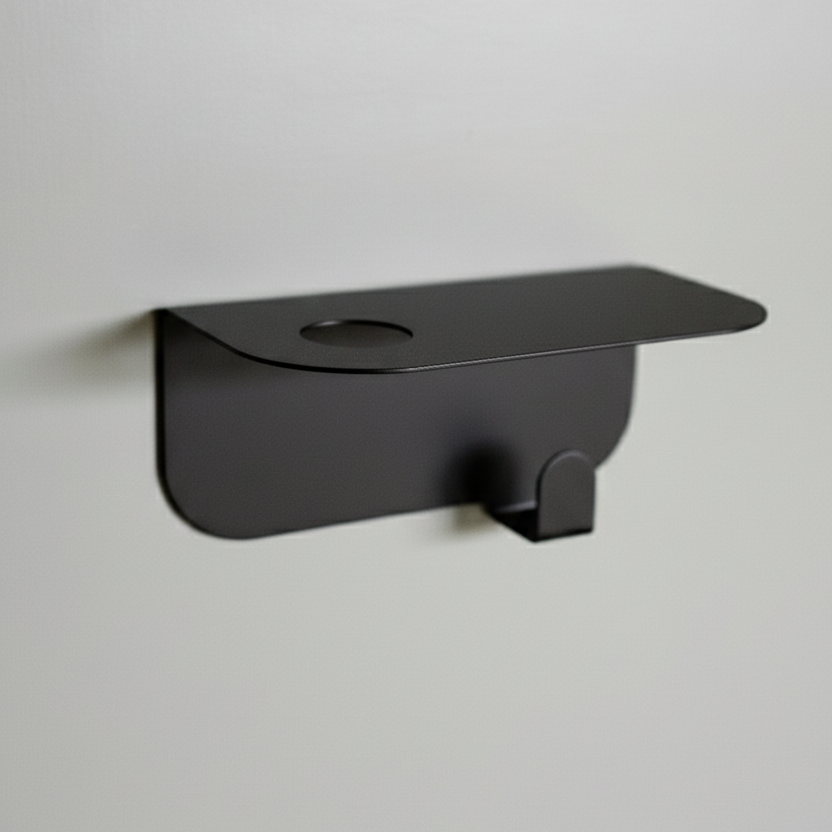 porte flacon avec patère noir à fixer avec les adhésifs 3M