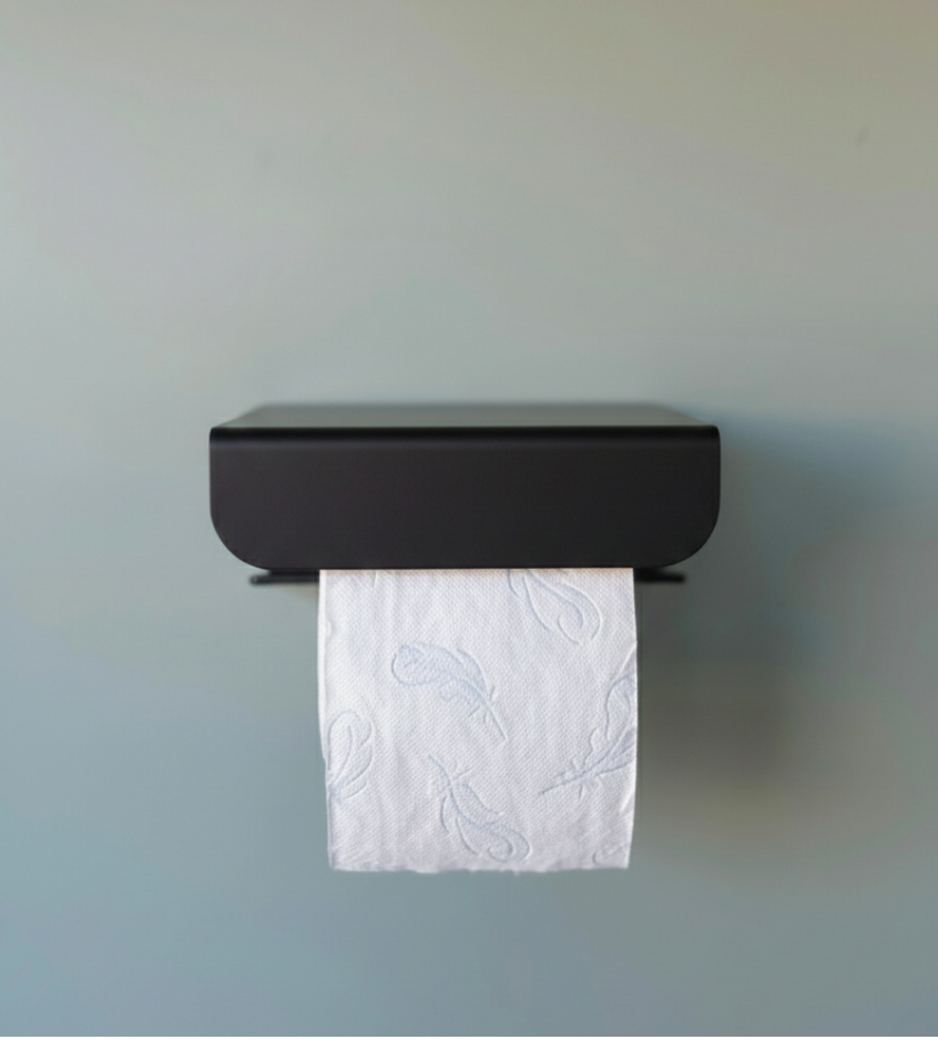 porte papier toilette noir avec un rouleau de papier toilette 