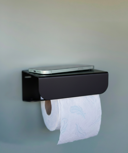 porte papier toilette noir avec un tablette intégrée pour poser un accessoire 