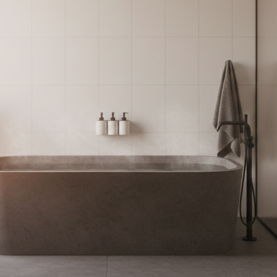 support triple porte flacon proche d'une baignoire